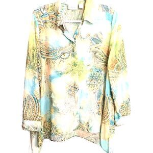 Chicos women's Sze M Button Down Blouse Hanky Hem Green Blue Yellow Sheer
